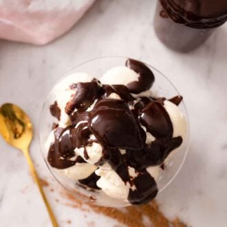 Pinterest graphic of hot fudge overtop a bowl of vanilla ice cream.