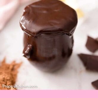 Pinterest graphic of hot fudge overflowing from a jar on a marble surface.