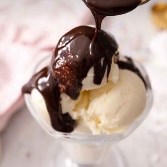 Pinterest graphic of a glass with 4 scoops of vanilla ice cream with hot fudge spooned over top.