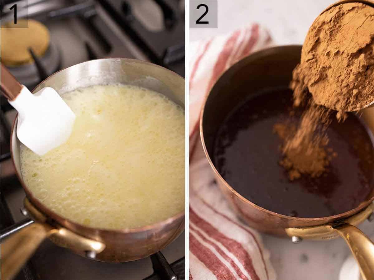 Set of two photos showing cream, sugar, salt, and butter cooking in a pot before adding chocolate.