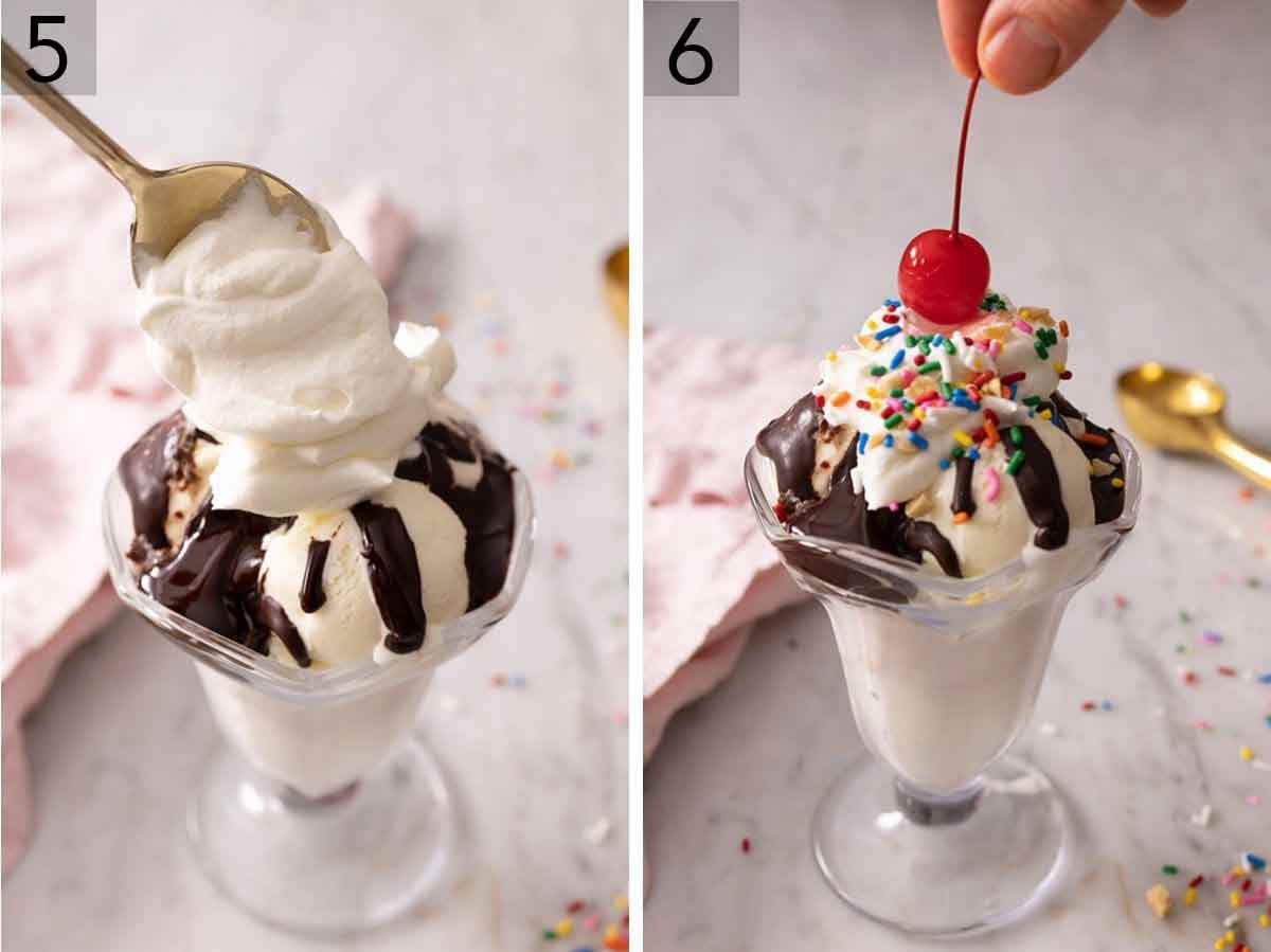 Set of two photos showing whipped cream added to a hot fudge sundae and topped with a cherry.