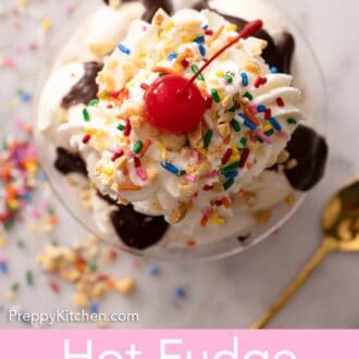 Pinterest graphic of the overhead view of a sundae with whipped cream, sprinkles, nuts, and a cherry.
