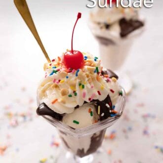 Pinterest graphic of two glasses of hot fudge sunday with whipped cream, sprinkles, and a cherry.