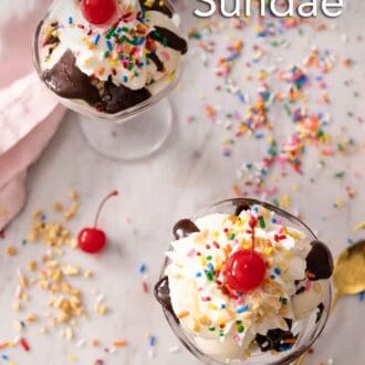 Pinterest graphic of an overhead view of sundaes with whipped cream, sprinkles, nuts, and a cherry.