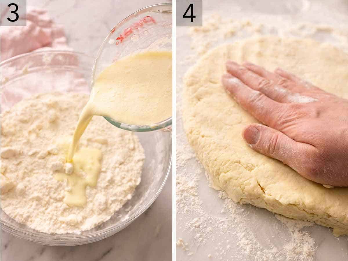 Set of two photos showing wet ingredients added to dry and then flattening the dough.