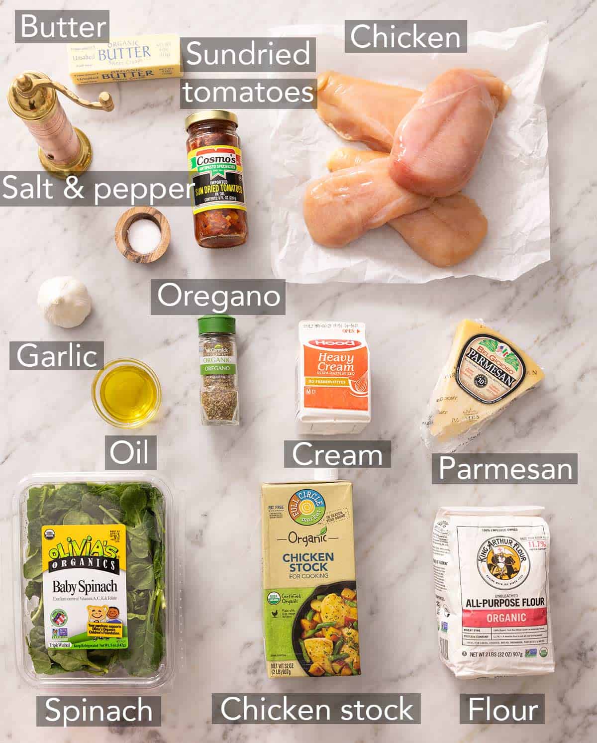 Ingredients needed for Tuscan chicken.