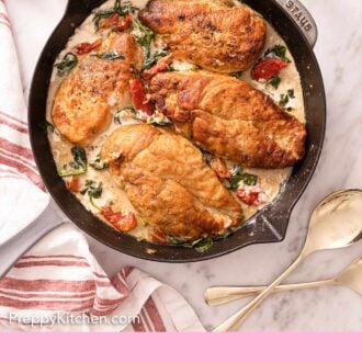 Pinterest graphic of a pan of Tuscan chicken with spinach and sundried tomatoes.