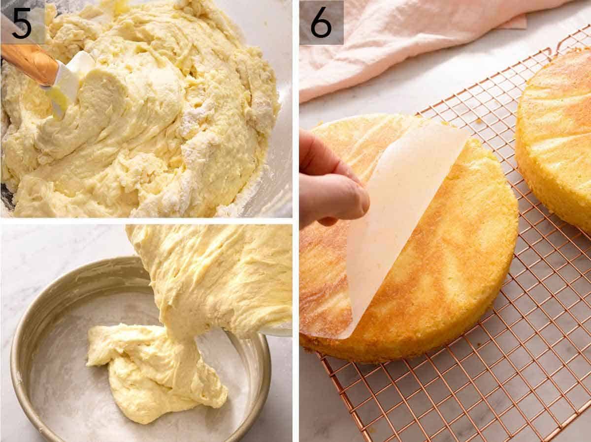 Set of three photos showing batter folded with a spatula before being poured into a cake pan. Third image shows cakes cooling on a rack with a hand removing the parchment paper.