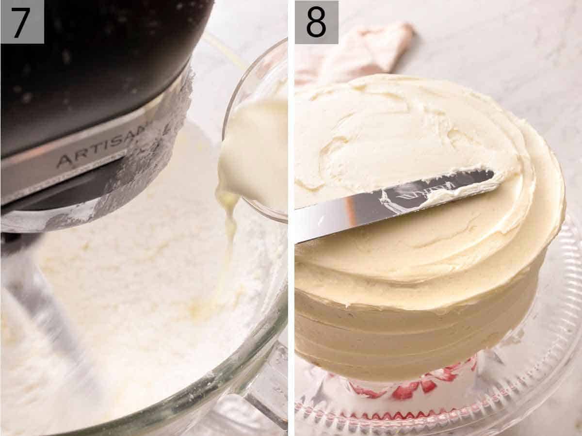 Set of two photos showing frosting being mixed and a cake being frosted.