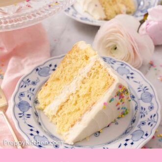 Pinterest graphic of a slice of vanilla cake on a blue and white plate.