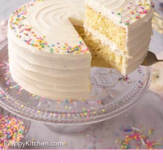 Pinterest graphic of a slice of vanilla cake being lifted from the cake stand.