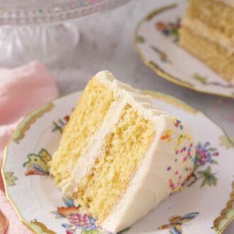 Pinterest graphic of a slice of vanilla cake on its side, showing the two layers with frosting in-between.