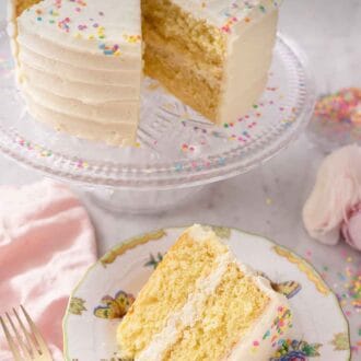 Pinterest graphic of a slice of vanilla cake in front of a cut cake on a cake stand.