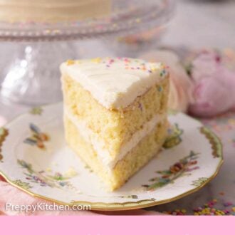 Pinterest graphic of a slice of two tiered vanilla cake with a white buttercream frosting.