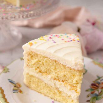 Pinterest graphic of a slice of two tiered vanilla cake with buttercream and sprinkles.