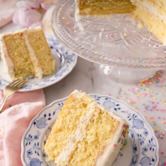 Pinterest graphic of two slices of cake on individual plates in front of a cake stand.
