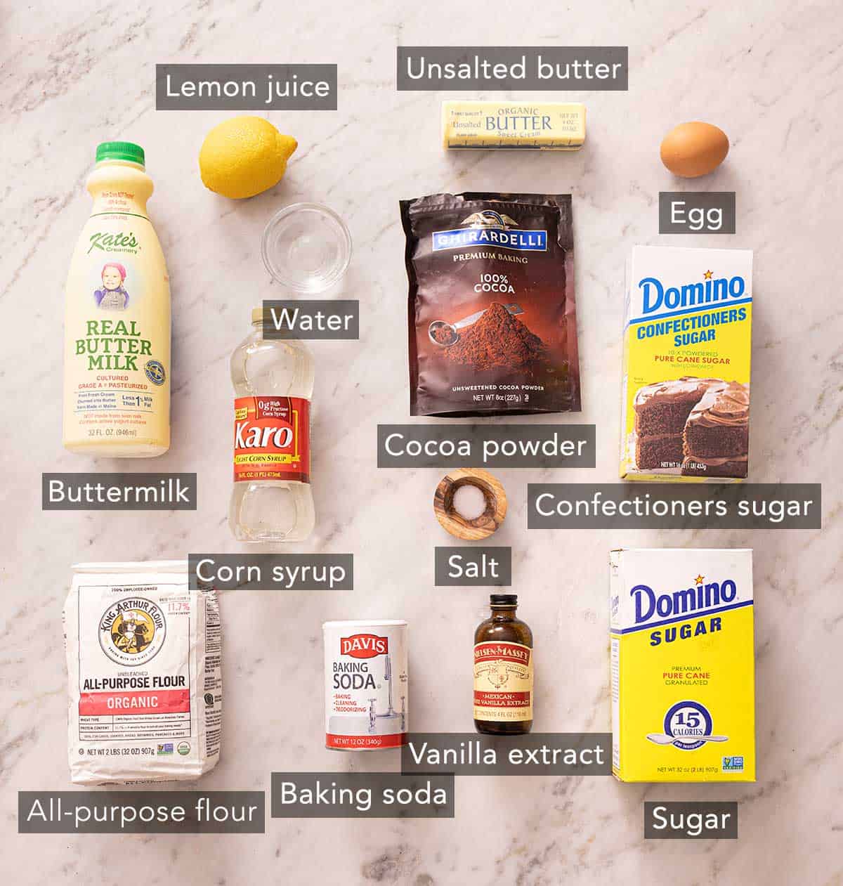 Ingredients needed to make black and white cookies.