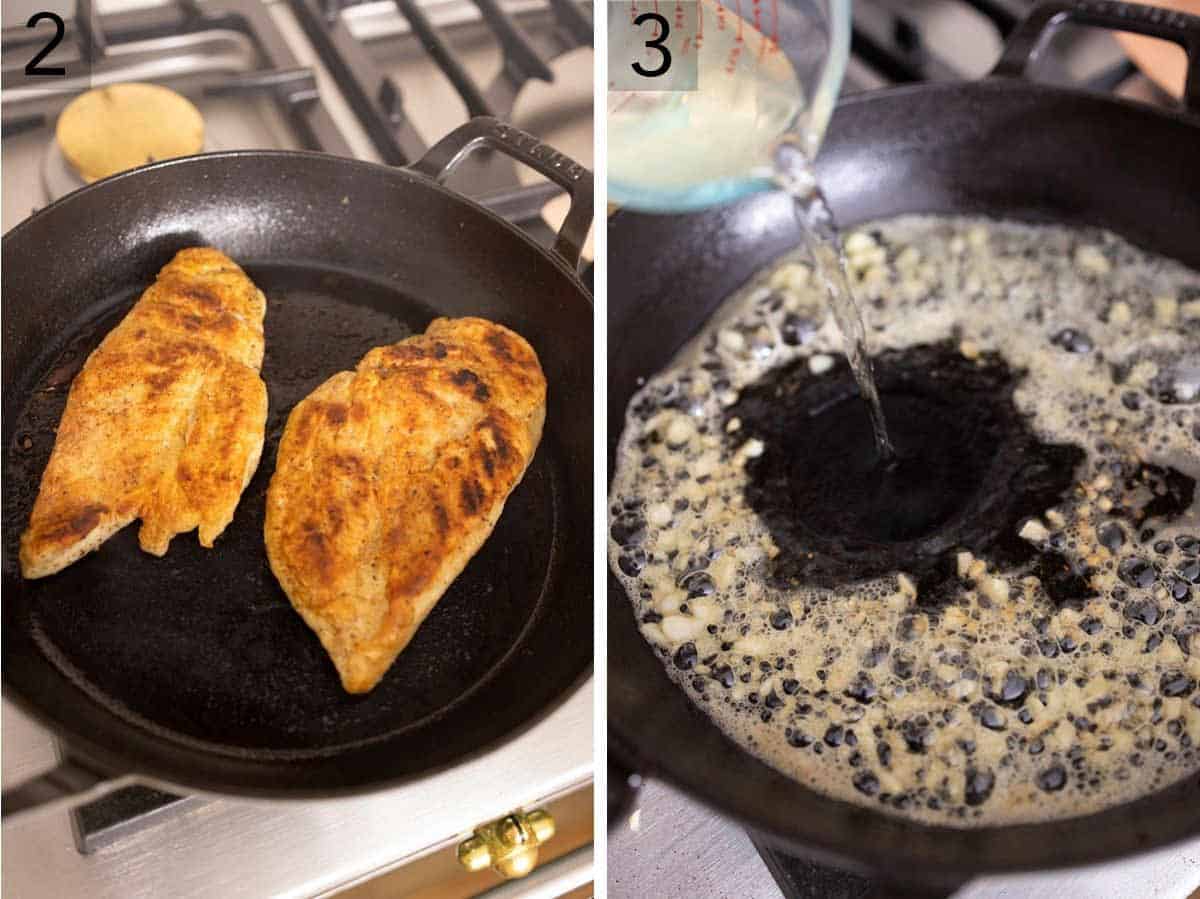 Set of two photos showing the chicken being seared and then wine added to a pan of cooked minced garlic.