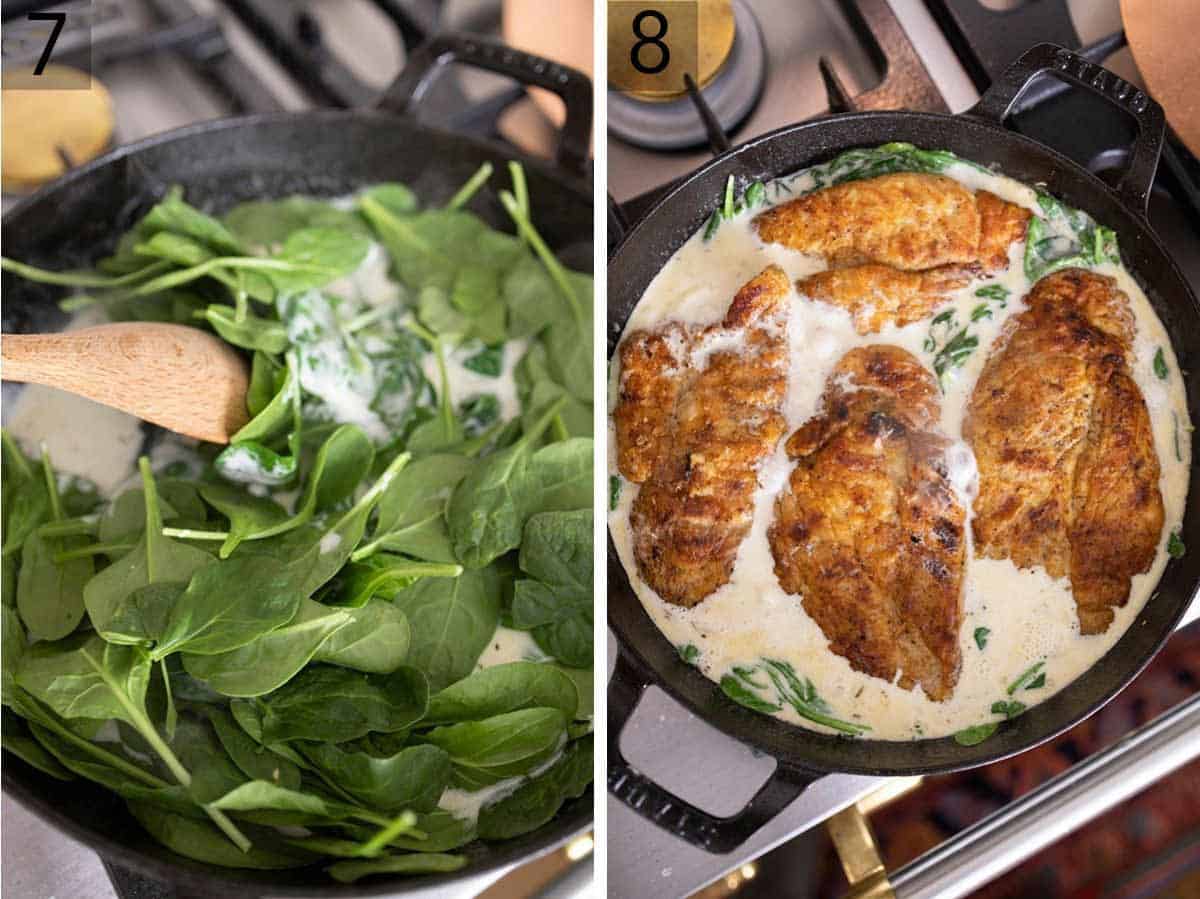 Set of two photos showing spinach added to the pan and then the cooked chicken breasts.
