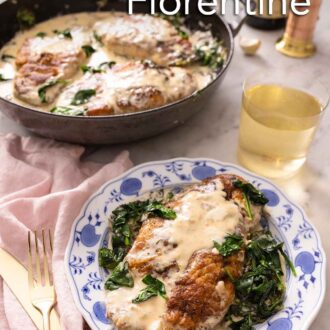 Pinterest graphic of a plate of a serving of chicken florentine with the cast iron containing the rest in the background.