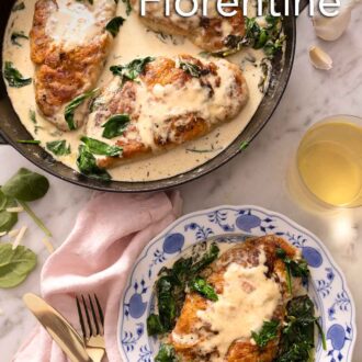 Pinterest graphic of an overhead view of a pot of chicken florentine beside a single serving of it in a plate with a glass of wine.