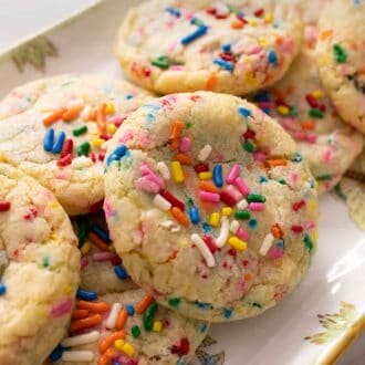 Pinterest graphic of a pink floral platter of funfetti cookies.