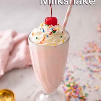 Pinterest graphic of a strawberry milkshake with whipped cream, sprinkles, and a cherry.