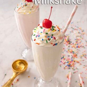 Pinterest graphic of a vanilla milkshake and strawberry milkshake.