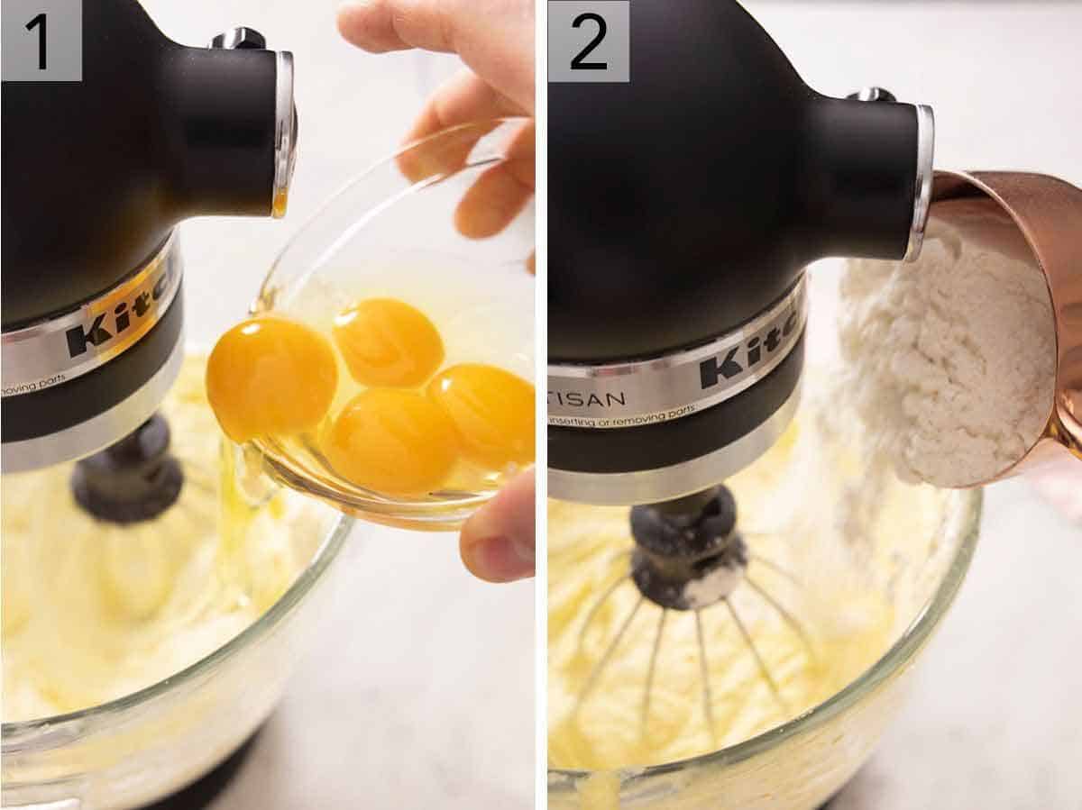 Set of two photos showing eggs being added to the mixer and then flour added to the same batter.