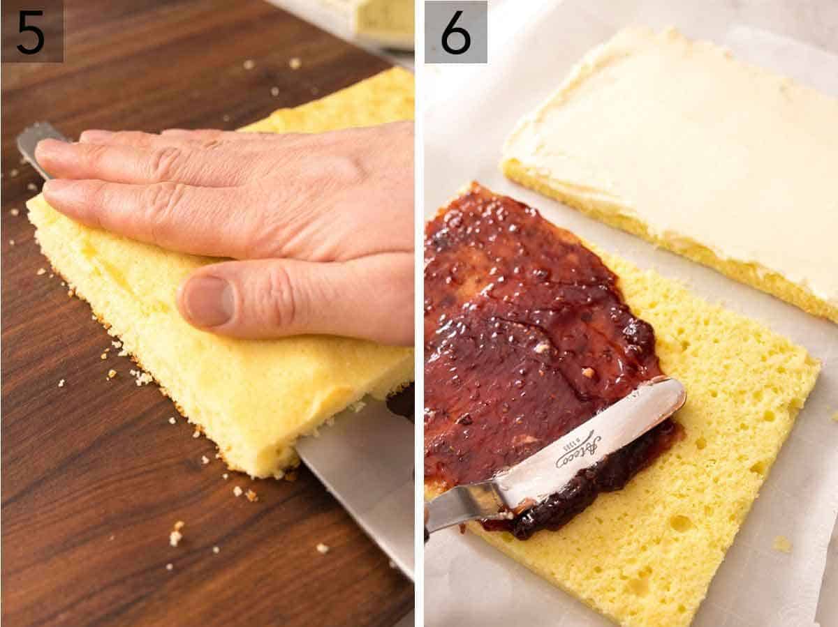 Set of two photos showing cake being sliced in half and then raspberry jam being spread on top.