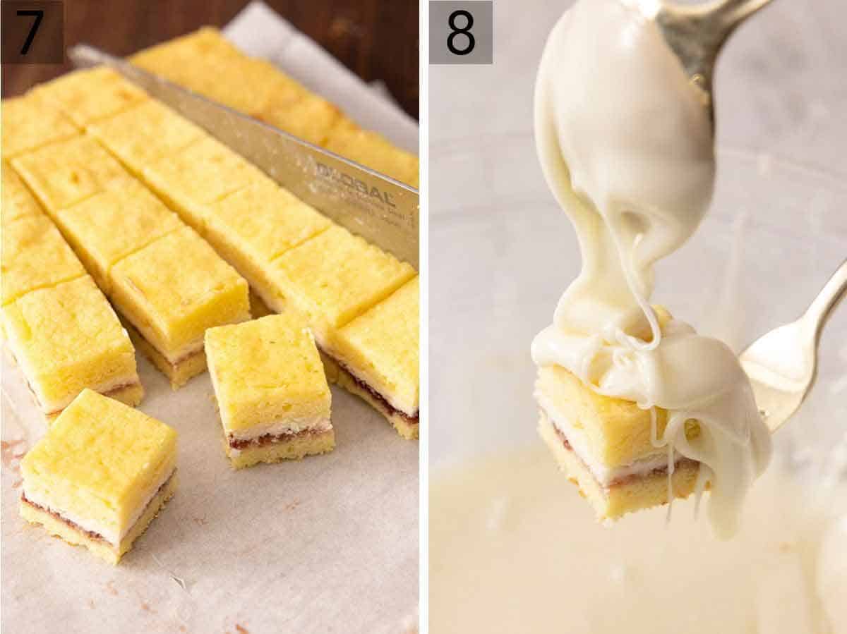 Set of two photos showing petit fours being cut and white chocolate being spread over top.