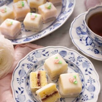 Pinterest graphic of petit fours on a serving platter and a plate with one cut opened.