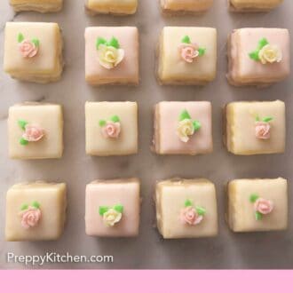 Pinterest graphic of four rows of petit fours with a mini flower on top.