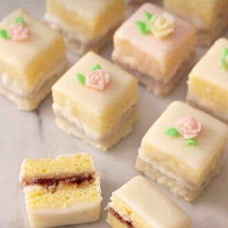 Pinterest graphic of three rows of petit fours with one cut in half.