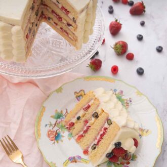 Pinterest graphic of an overhead view of a slice of Chantilly cake on a plate beside the cut cake.