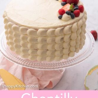 Pinterest graphic of a Chantilly cake with berries on top.