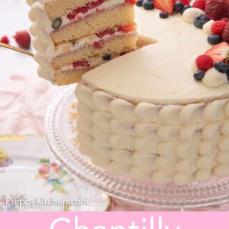 Pinterest graphic of a slice of Chantilly cake being lifted from the full cake on a cake stand.