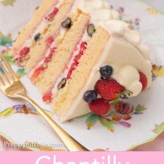 Pinterest graphic of a slice of Chantilly cake with a cream berry layer with berries on top.