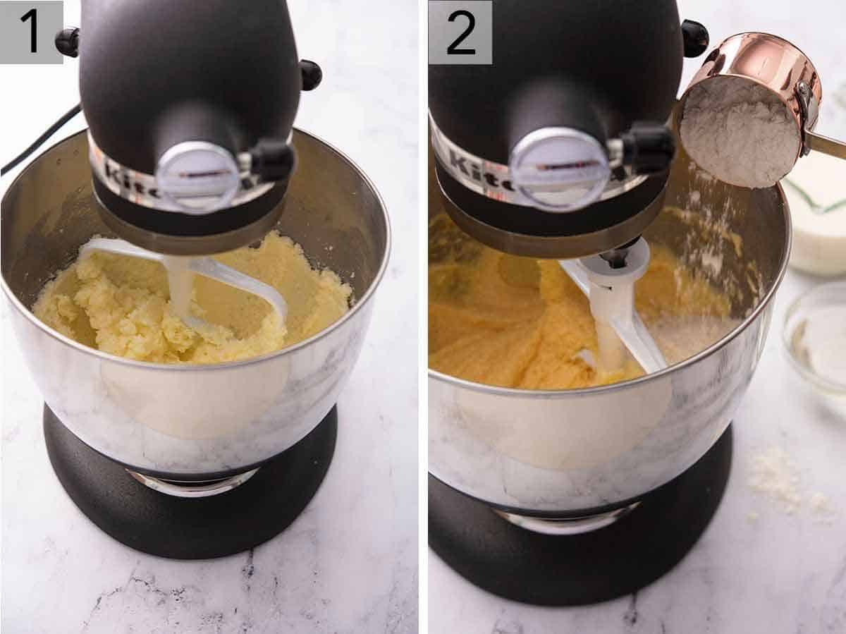 Set of two photos showing butter being creamed in the mixer and then flour being added in.