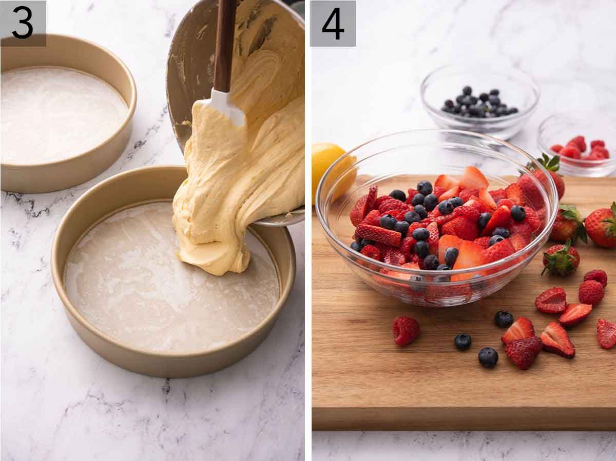 Set of two photos showing batter added to cake pans and berries being prepared on a cutting board.