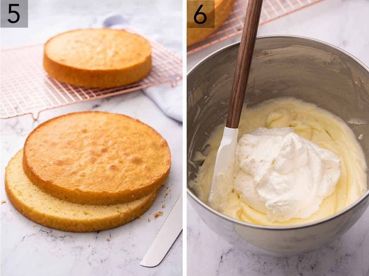 Set of two photos showing one cake on a cooling rack, second being cut in half, and Chantilly cream being prepared.