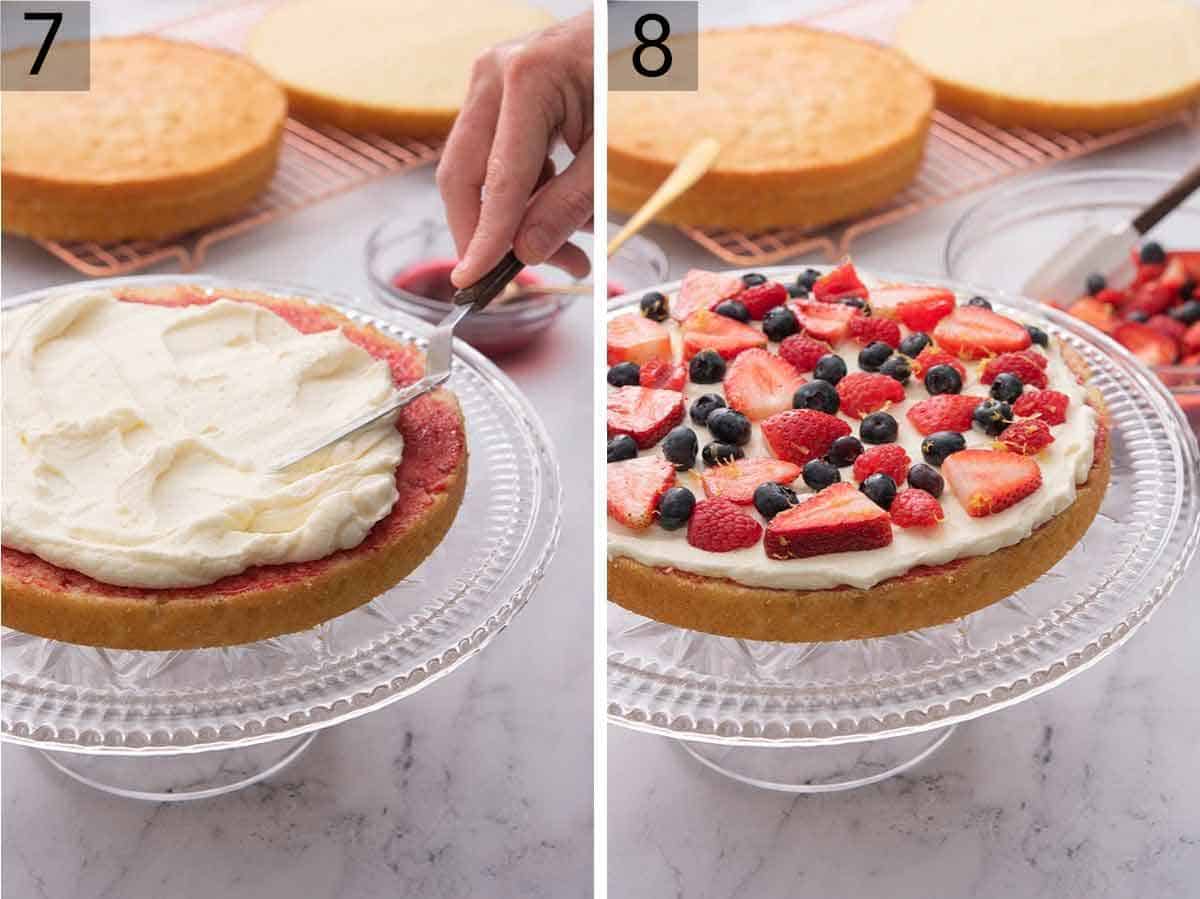 Set of two photos showing jam and Chantilly cream spread onto a cake layer and then topped with berries.
