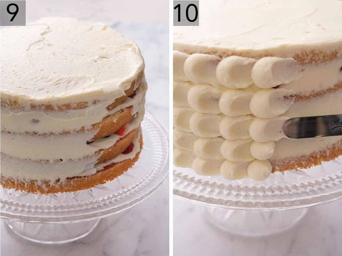 Set of two photos showing Chantilly cake being frosted.