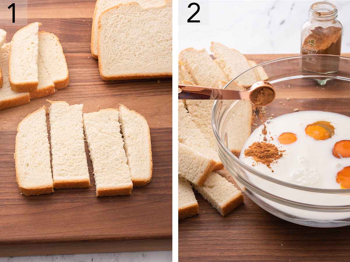 Set of two photos showing sliced bread cut into sticks and the custard ingredients added to a bowl.