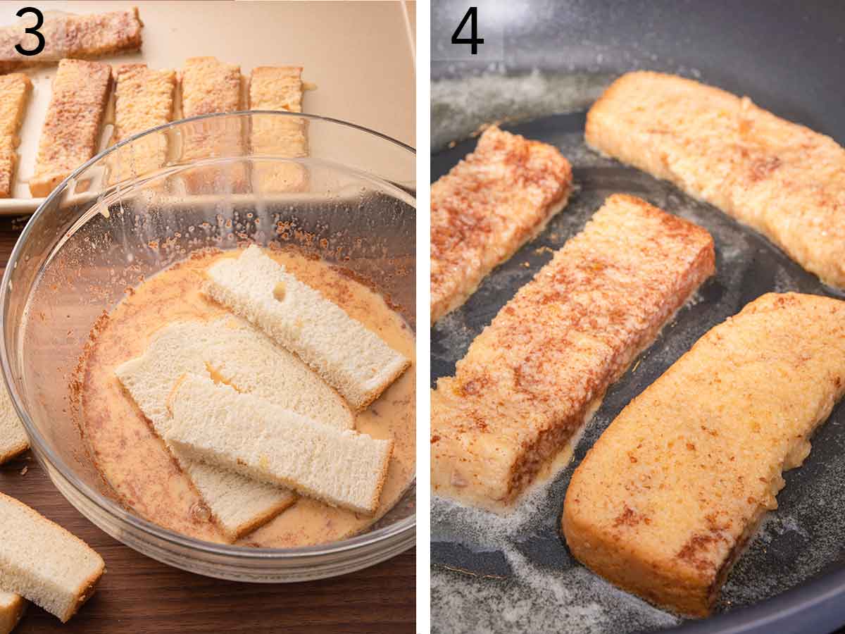 Set of two photos showing the bread sticks being dipped in the custard and then pan fried.