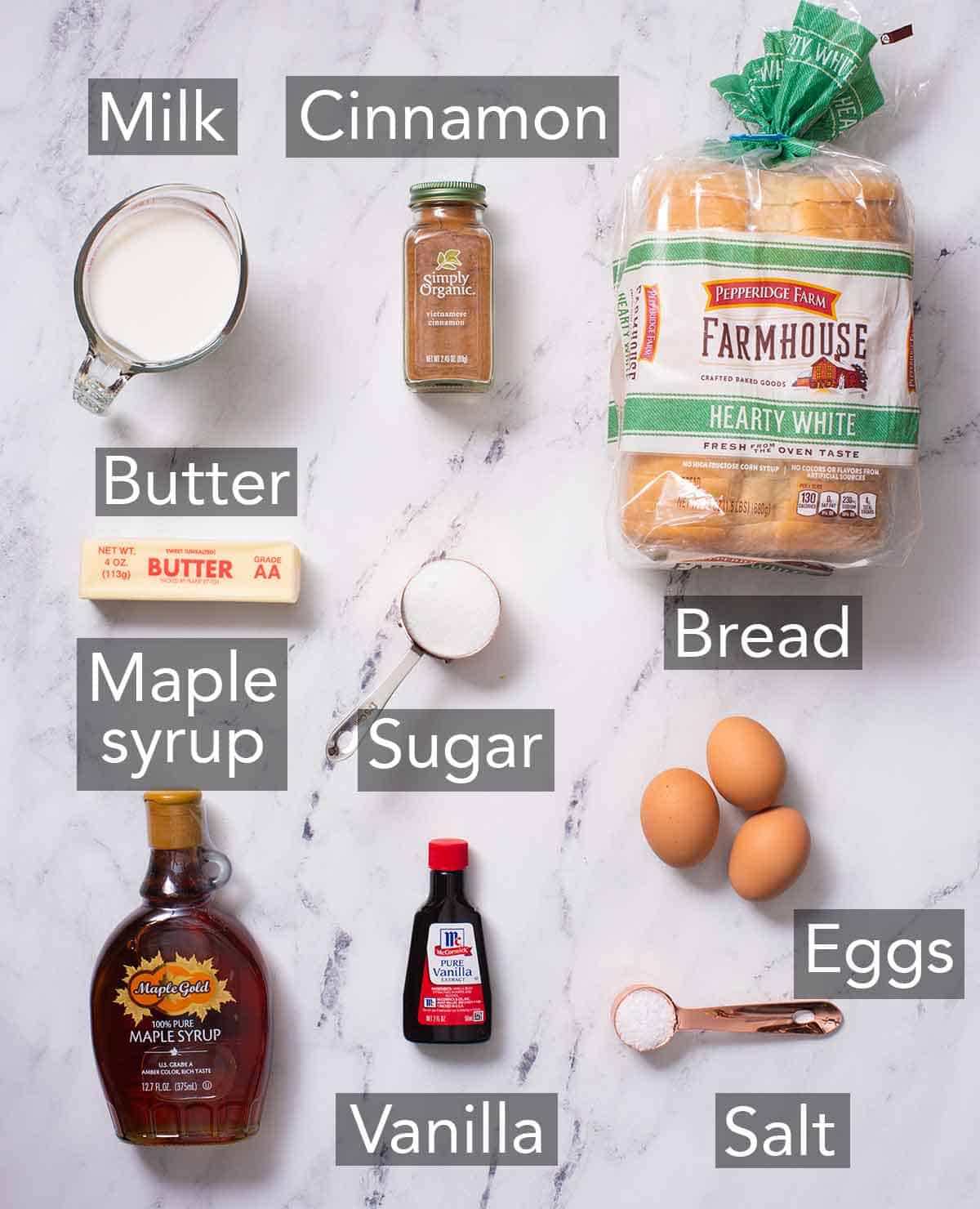 Ingredients needed to make French toast sticks.