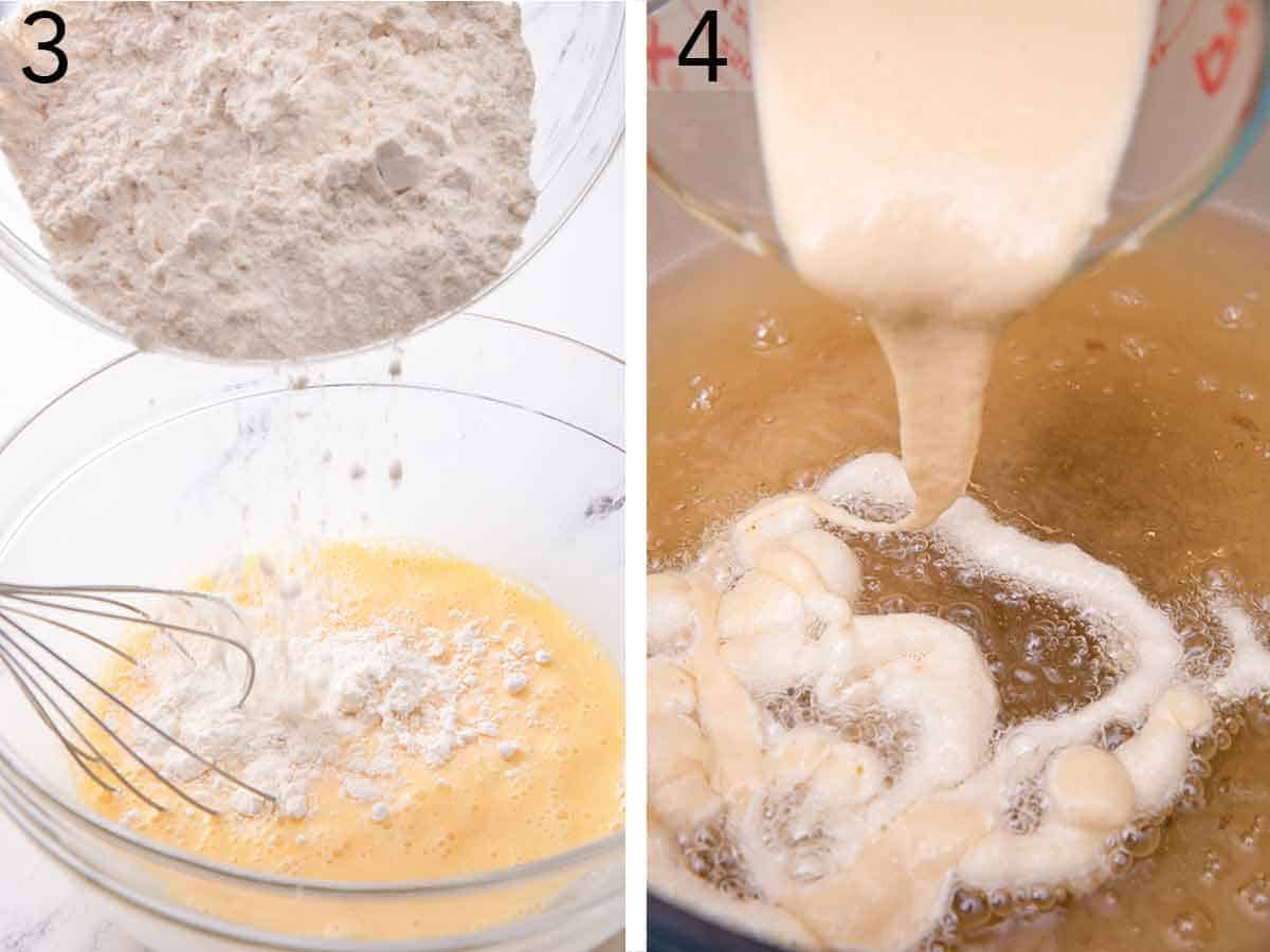 Set of two photos showing dry ingredients added to the wet ingredients then batter poured into hot oil.