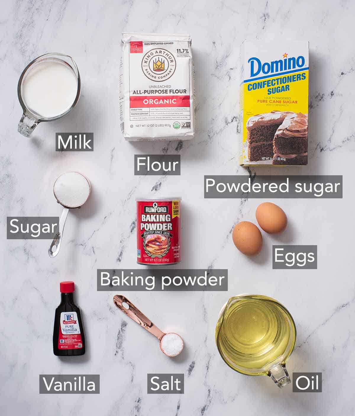 Ingredients needed to make funnel cake.