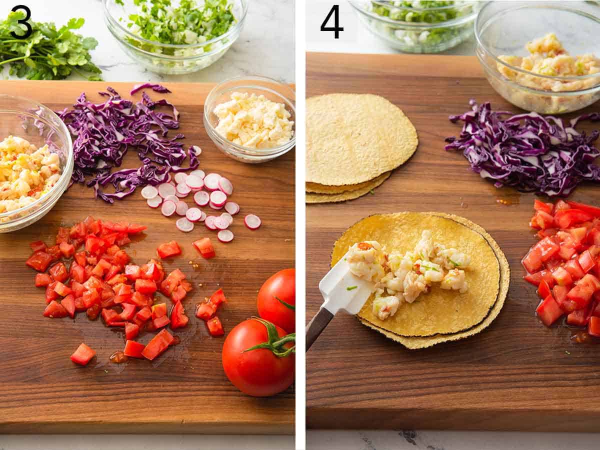 Set of two photos showing tomatoes diced, radishes sliced, and cabbage cut and the second image showing lobster added to a tortilla.