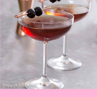 Pinterest graphic of two manhattan cocktails with two maraschino cherries on a pick on top of each drink.